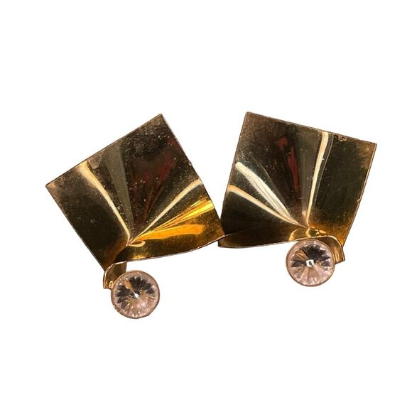 Vintage 80s Rhinestone Abstract Square Earrings Gold Tone Metal - Picture 1 of 3